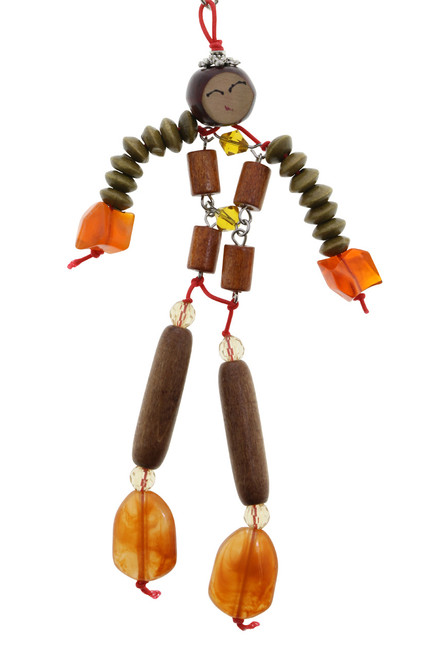 Wooden Bead Man Split Ring Keychain Silver-Tone On Orange Elastic String - KEKC6596