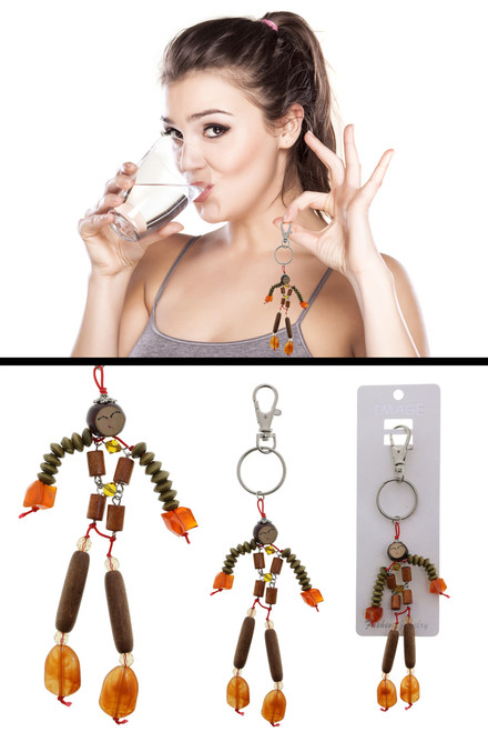 Wooden Bead Man Split Ring Keychain Silver-Tone On Orange Elastic String - KEKC6596