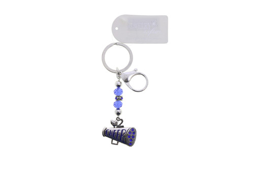 Cheer Themed Split-Ring Keychain Silver-Tone With Blue Color Crystal Accents - KEKC10003