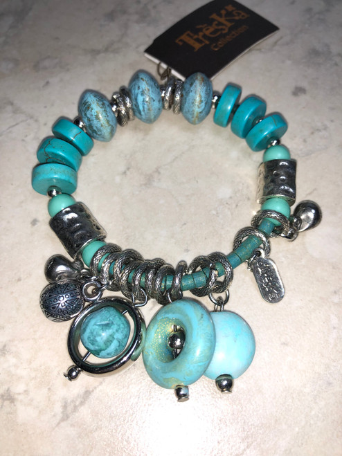 Treska turquoise bead charm bracelet with silver accents and dangling stone charms