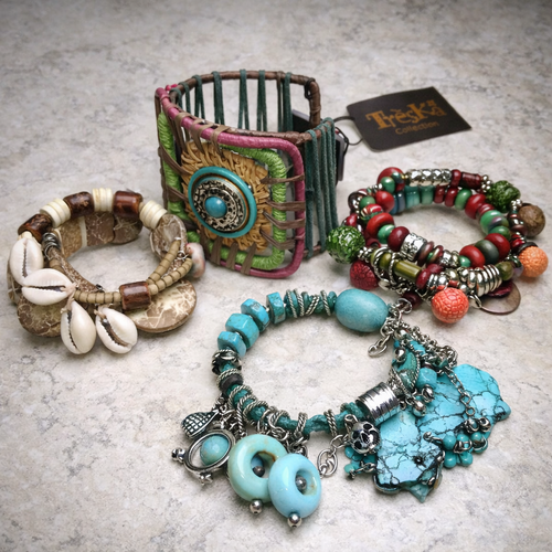 Assorted Treska statement bracelets featuring turquoise, shell, woven cuff and mixed bead designs
