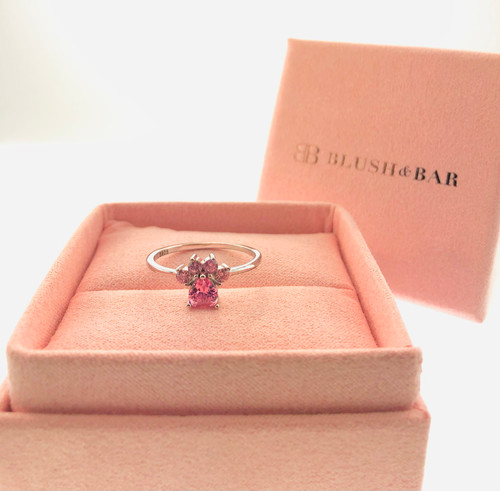 Silver paw ring with pink gemstone in jewelry box