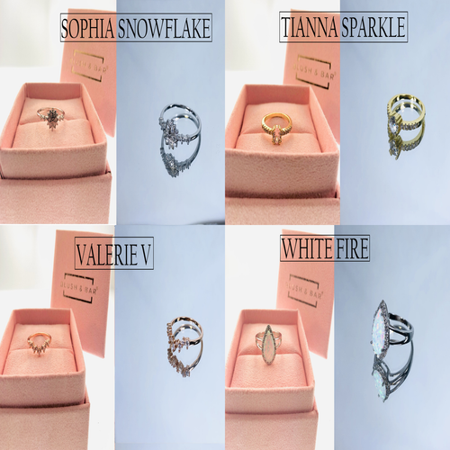 Blush & Bar ring assortment featuring mixed styles in gold, rose gold, and sterling silver finishes