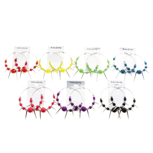 Spike Ethnic-Earrings With Bead Accents Multi-Color & Silver-Tone 12 Per Package E1112AC