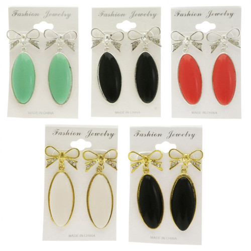 Bows Dangle-Earrings With Faceted Accents Multi-Color & Silver-Tone 12 Per Package E117B