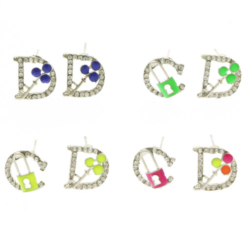 Lock Key Alphabet Stud-Earrings With Crystal Accents Multi-Color 12 Per Package E135C
