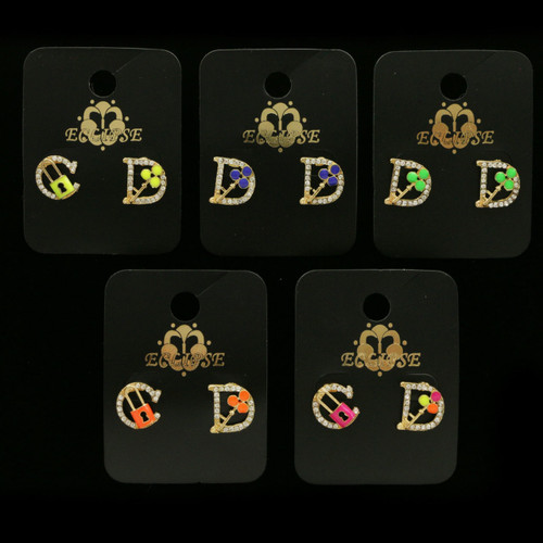 Lock Key Alphabet Stud-Earrings With Crystal Accents Multi-Color 12 Per Package E135C