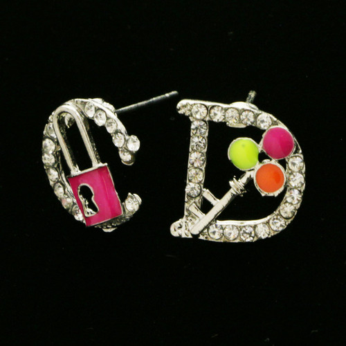 Lock Key Alphabet Stud-Earrings With Crystal Accents Multi-Color 12 Per Package E135C