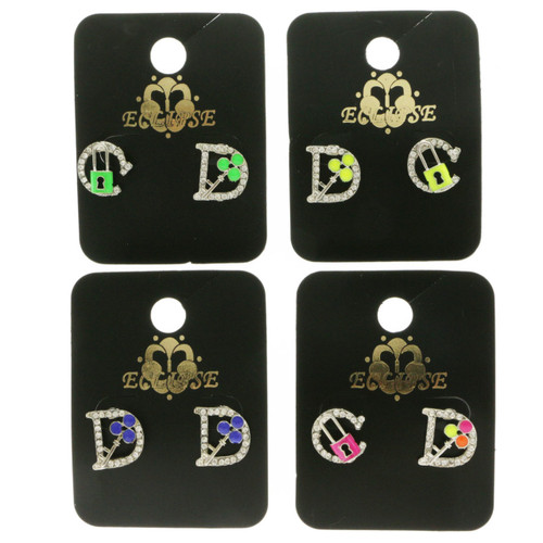 Lock Key Alphabet Stud-Earrings With Crystal Accents Multi-Color 12 Per Package E135C
