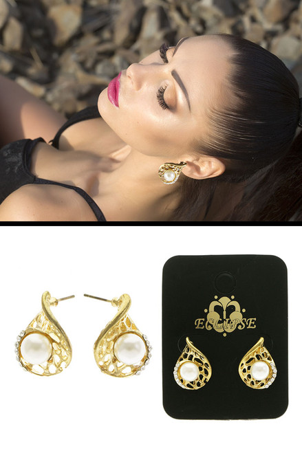 Gold-Tone & White Metal Stud-Earrings With Bead Accents 12 Per Package E136