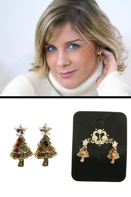 Christmas Tree Stud-Earrings With Crystal Accents Gold-Tone & Multi-Color 12 Per Package E138CC