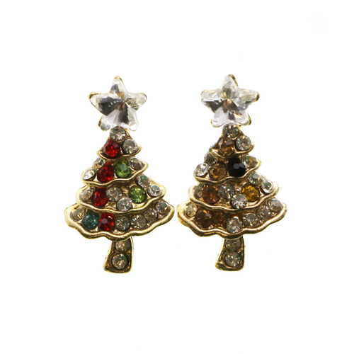Christmas Tree Stud-Earrings With Crystal Accents Gold-Tone & Multi-Color 12 Per Package E138CC