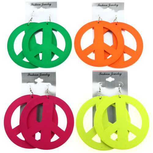 Neon Peace Sign Dangle-Earrings Multi-Color 12 Per Package E1447C