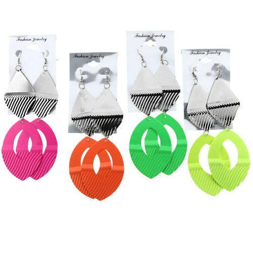 Textured Neon Dangle-Earrings Silver-Tone & Multi-Color 12 Per Package E1459C