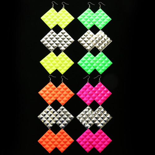 Spike Textured Neon Ethnic-Earrings Multi-Color & Silver-Tone 12 Per Package E1502C