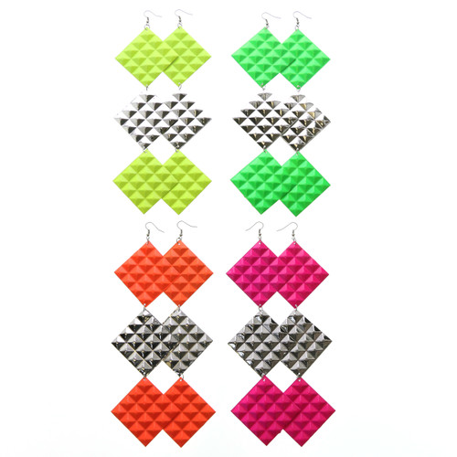 Spike Textured Neon Ethnic-Earrings Multi-Color & Silver-Tone 12 Per Package E1502C