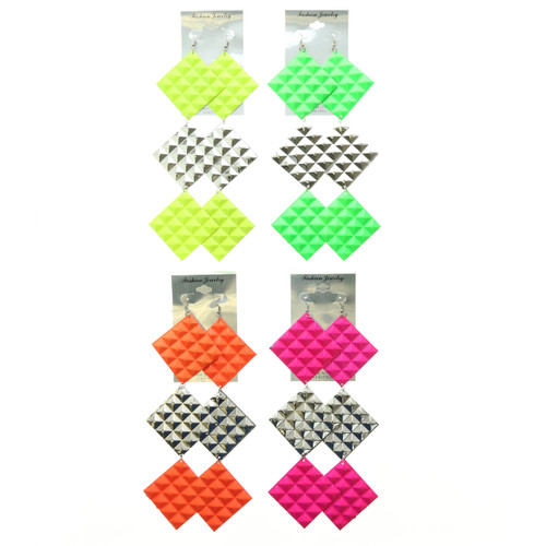 Spike Textured Neon Ethnic-Earrings Multi-Color & Silver-Tone 12 Per Package E1502C