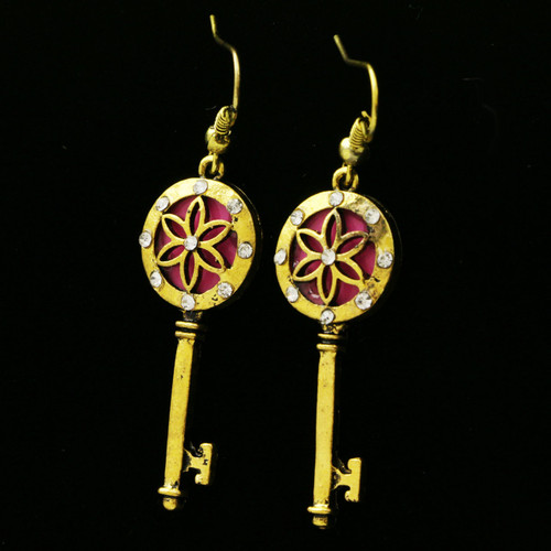Keys Flowers Dangle-Earrings  With Crystal Accents Multi-Color 12 Per Package E153B