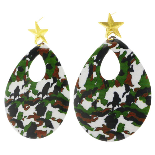 Camo Star Dangle-Earrings With Drop Accents Multi-Color & Dual-Tone 12 Per Package E1892BC