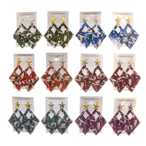 Camo Star Dangle-Earrings With Drop Accents Multi-Color & Dual-Tone 12 Per Package E1893BC