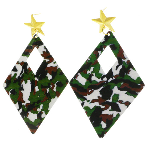 Camo Star Dangle-Earrings With Drop Accents Multi-Color & Dual-Tone 12 Per Package E1893BC