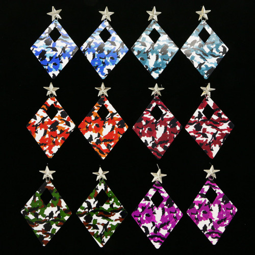 Camo Star Dangle-Earrings With Drop Accents Multi-Color & Dual-Tone 12 Per Package E1893BC