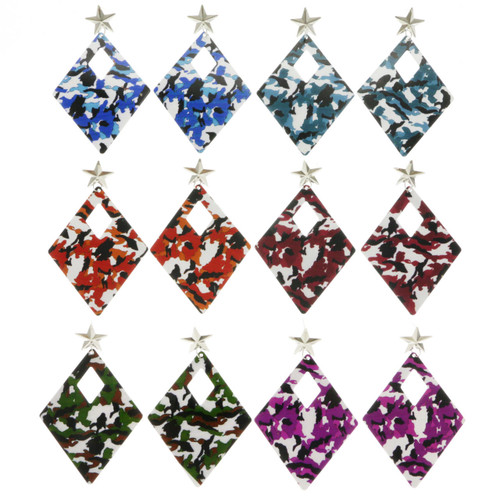 Camo Star Dangle-Earrings With Drop Accents Multi-Color & Dual-Tone 12 Per Package E1893BC