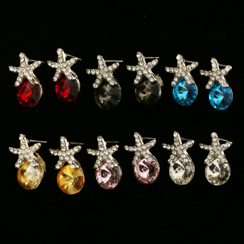 Starfish Stud-Earrings With Crystal Accents Multi-Color & Gold-Tone 12 Per Package E201C