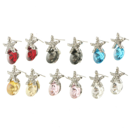 Starfish Stud-Earrings With Crystal Accents Multi-Color & Gold-Tone 12 Per Package E201C