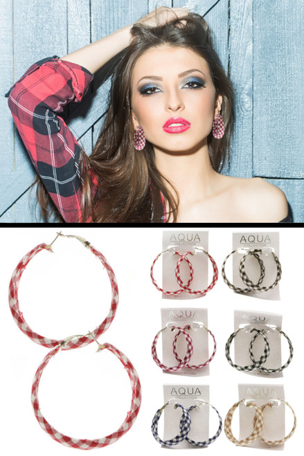 Plaid Hoop-Earrings Multi-Color & White 12 Per Package E208C Plaid Hoop-Earrings Multi-Color & White 12 Per Package E208C