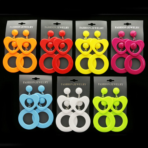 Hearts 2 Pair per Card Dangle-Earrings Silver-Tone & Multi-Color 12 Per Package E2113C