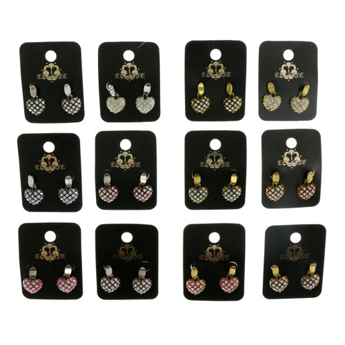 Hearts Dangle-Earrings With Crystal Accents  Multi-Color 12 Per Package E212BC