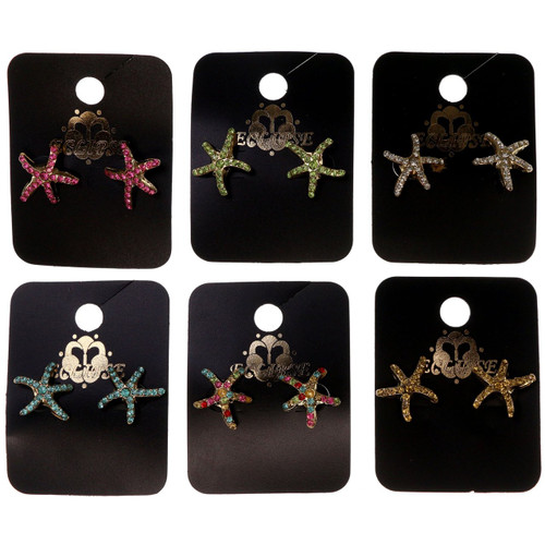 Nautical Starfish Stud-Earrings With Crystal Accents Gold-Tone & Multi-Color 12 Per Package E224C