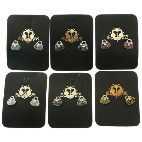 Purses Stud-Earrings With Crystal Accents Multi-Color & Silver-Tone 12 Per Package E252A