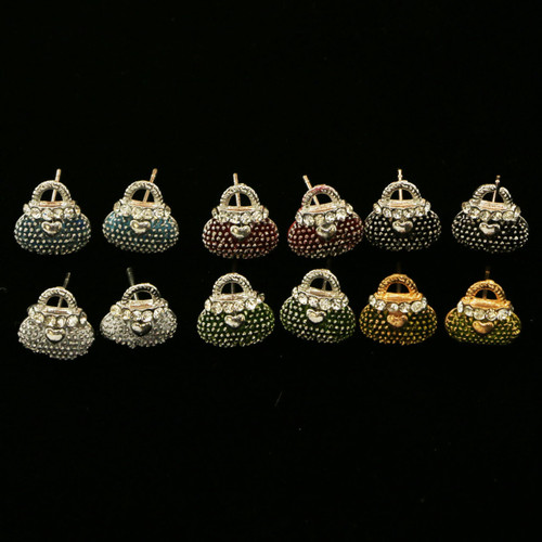 Purses Stud-Earrings With Crystal Accents Multi-Color & Silver-Tone 12 Per Package E252A