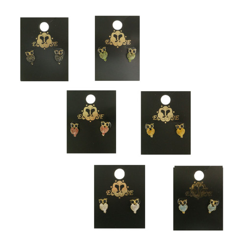 Owls Stud-Earrings With Crystal Accents Multi-Color & Gold-Tone 12 Per Package E262C