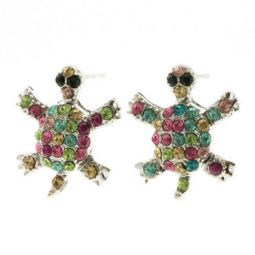 Turtles Stud-Earrings With Crystal Accents Multi-Color & Silver-Tone 12 Per Package E321C