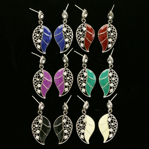 Leaves Dangle-Earrings With Crystal Accents  Multi-Color 12 Per Package E331BB
