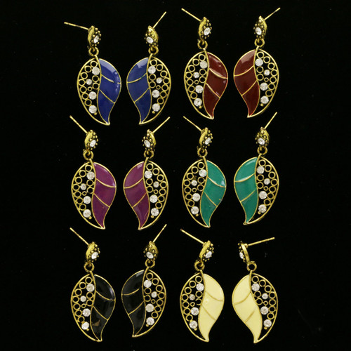Leaves Dangle-Earrings With Crystal Accents  Multi-Color 12 Per Package E331BB