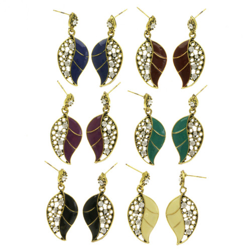 Leaves Dangle-Earrings With Crystal Accents  Multi-Color 12 Per Package E331BB