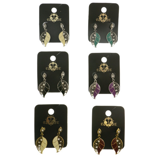 Leaves Dangle-Earrings With Crystal Accents  Multi-Color 12 Per Package E331BB