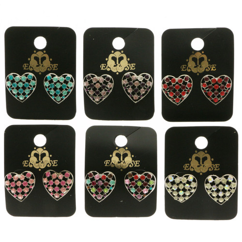 Hearts Stud-Earrings With Crystal Accents  Multi-Color 12 Per Package E337C
