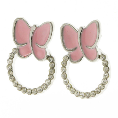 Butterfly stud earrings with a circle of rhinestones attached to the bottom of the butterfly E338A