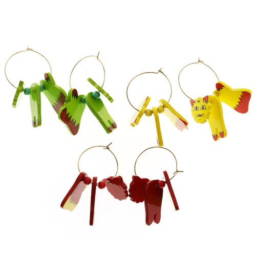 Moving Dangling Cat Hoop-Earrings Multi-Color & Red 12 Per Package E4158