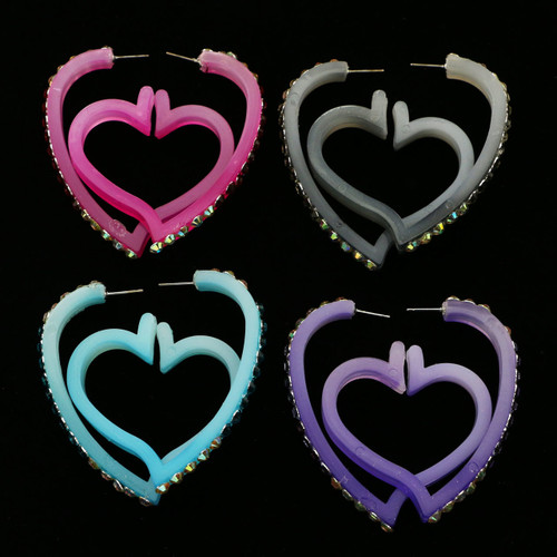 Ombre AB Finish Heart Dangle-Earrings With Crystal Accents Multi-Color & Silver-Tone 12 Per Package E4519C