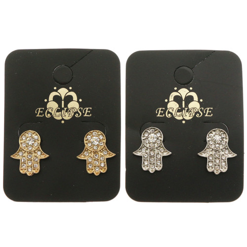 Hand Hamsa Hand of Fatima Stud-Earrings With Crystal Accents Dual-Tone 12 Per Package E49B