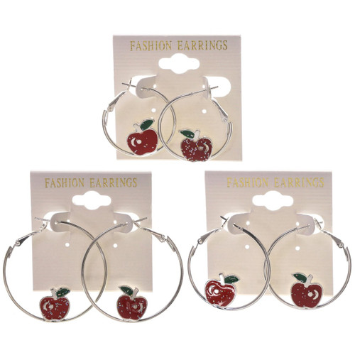 Apples Hoop-Earrings Silver-Tone & Red 12 Per Package E4C