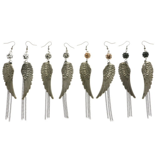 Wings Dangle-Earrings Silver-Tone & Multi-Color 12 Per Package E5010A