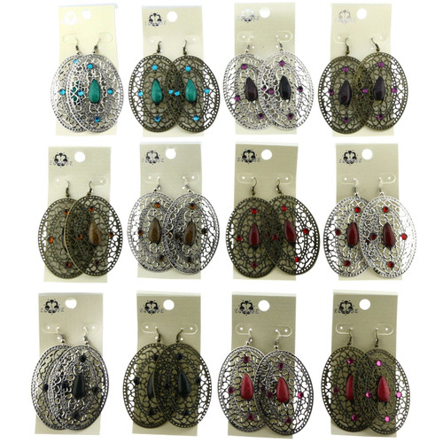 Filigree Dangle-Earrings With Stone Accents Dual-Tone & Multi-Color 12 Per Package E5104C
