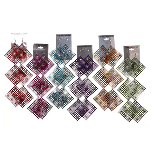 Flower Dangle-Earrings With Colorful Accents Multi-Color & Silver-Tone 12 Per Package E553C